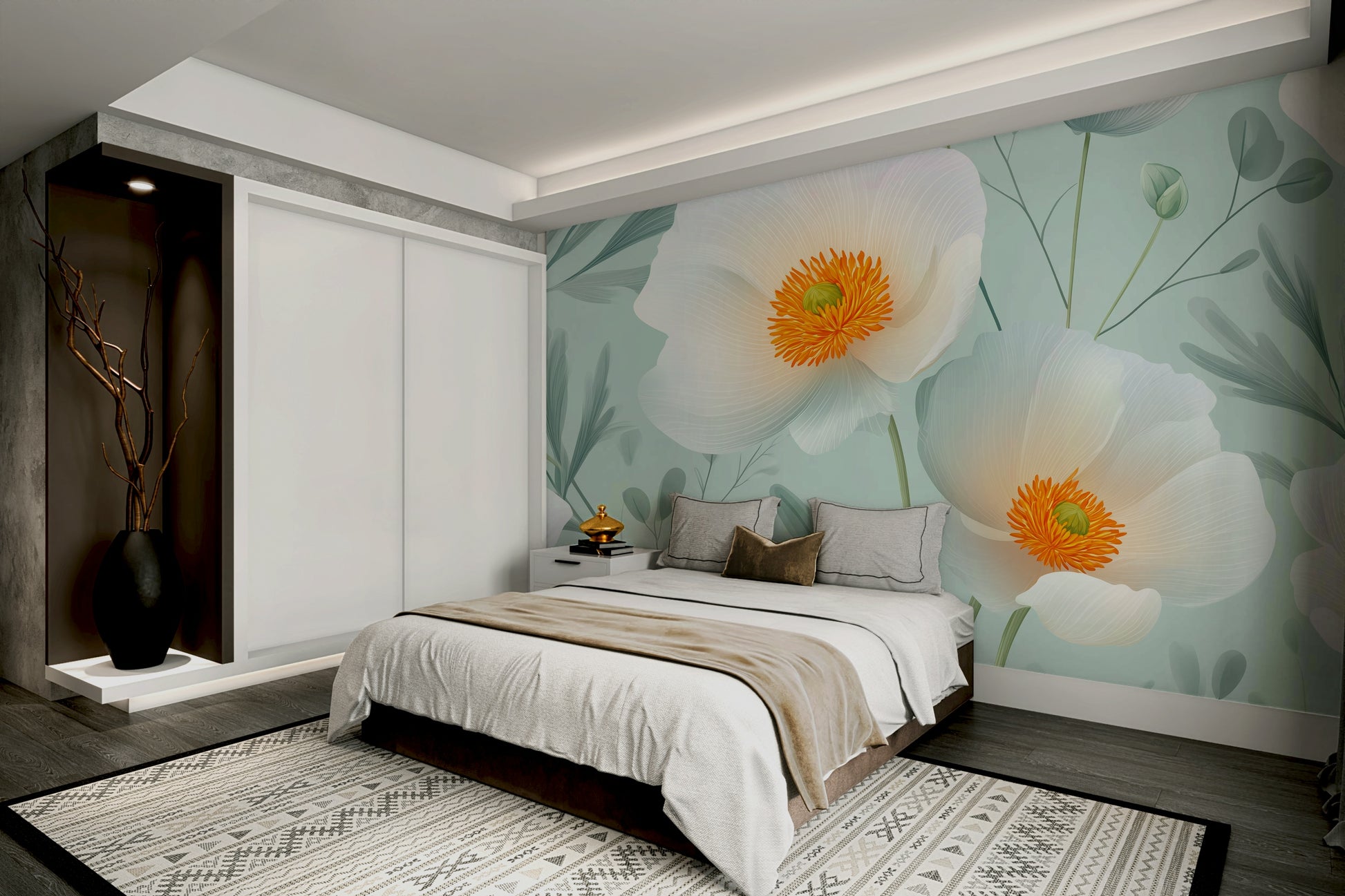 The color palette is composed of warm reds, oranges, greens, and soft background tones.
