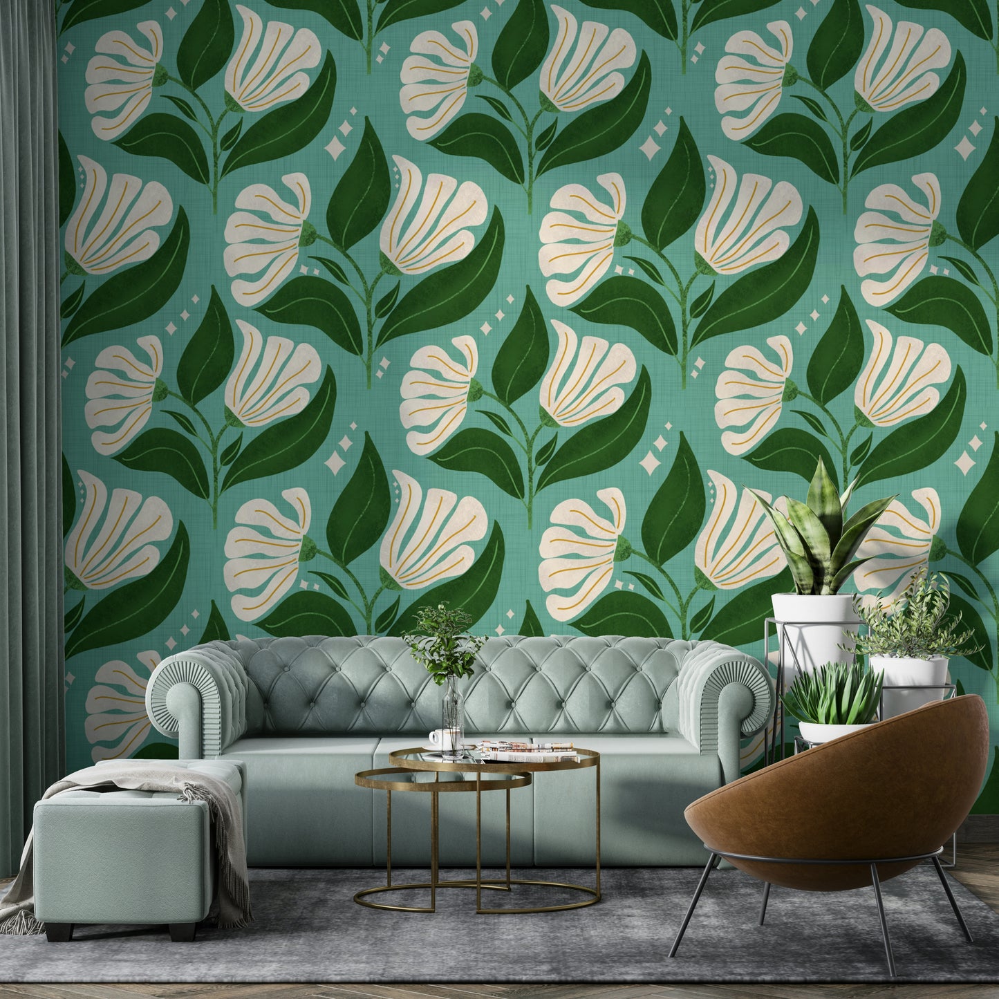 The color palette includes cream florals set against an avocado retro blue background.
