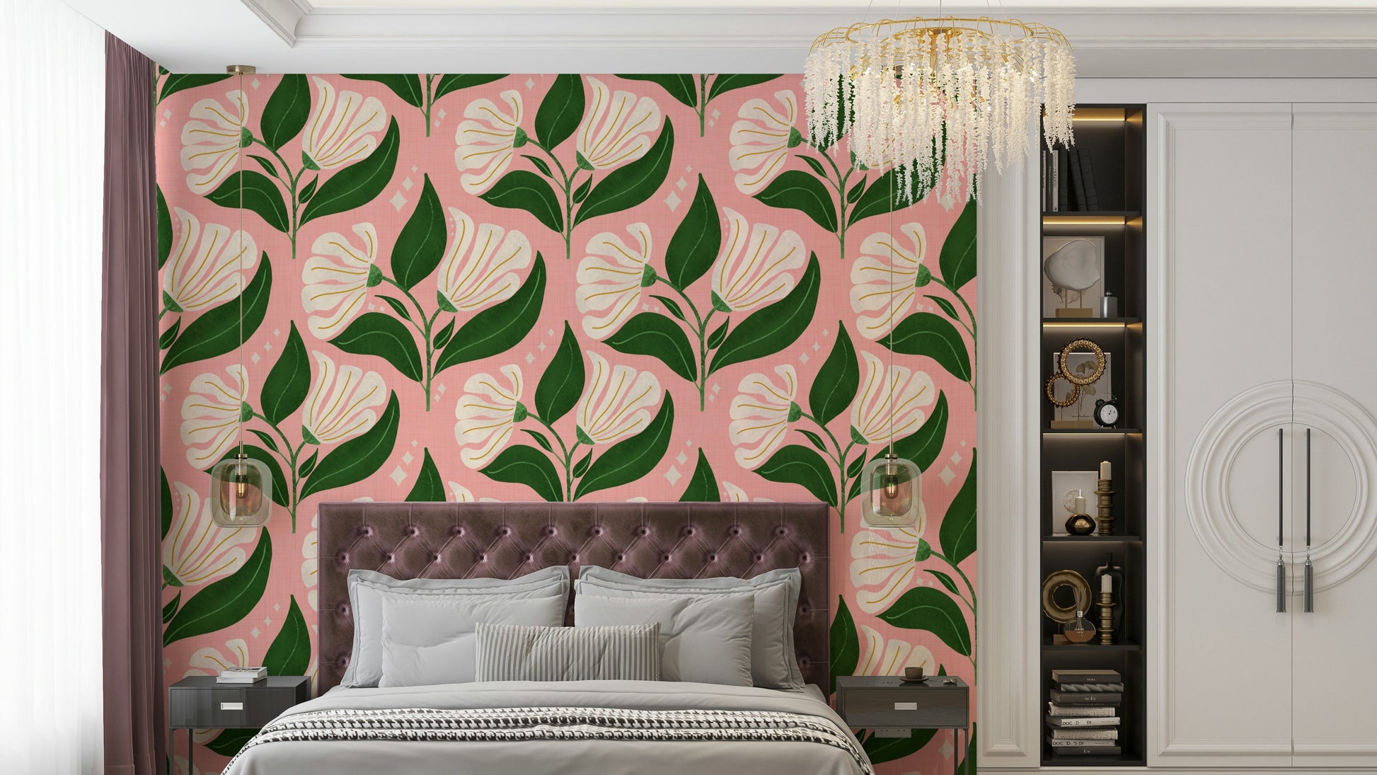 Features stylized floral motifs in cream colors.
