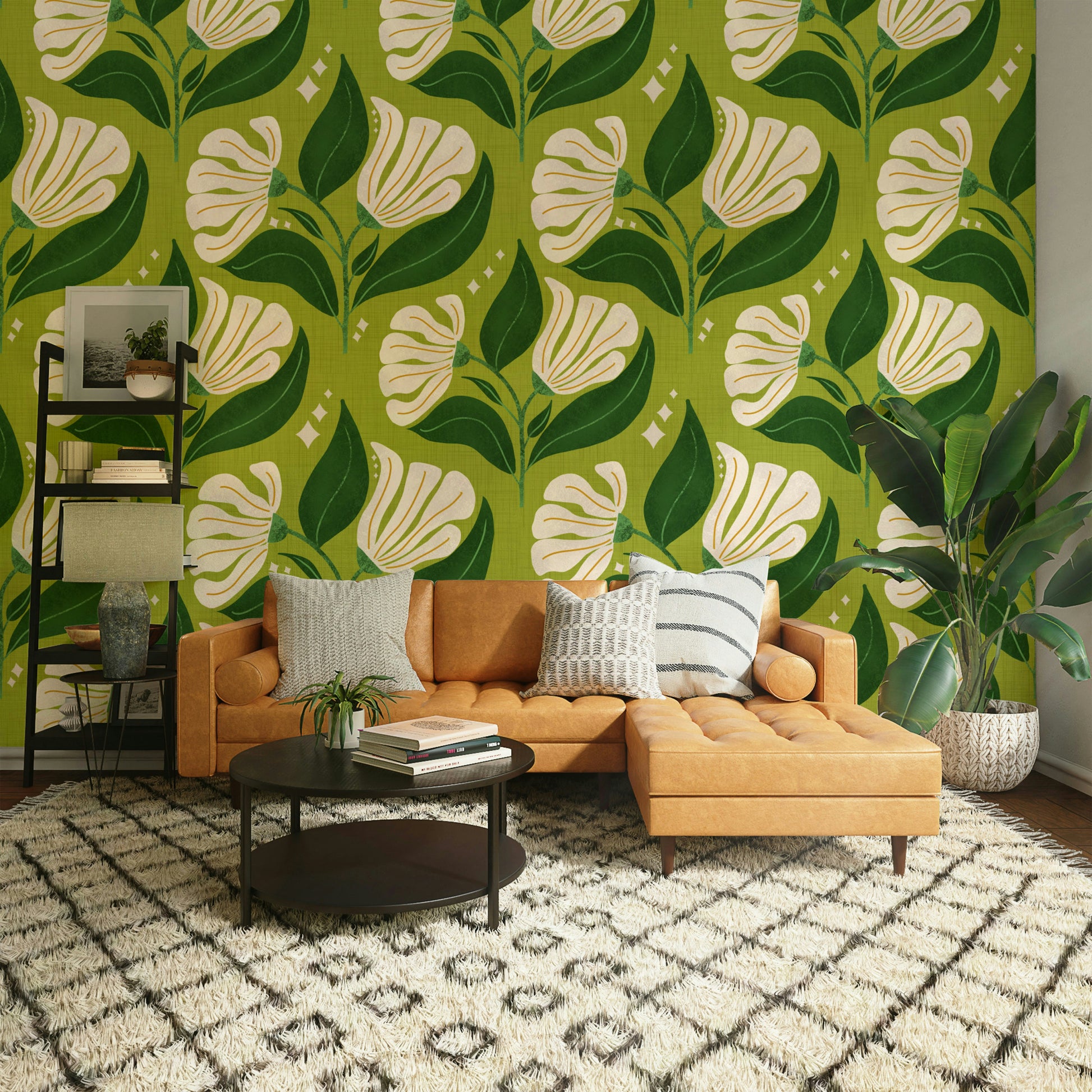 The color palette includes cream florals set against an avocado green background.
