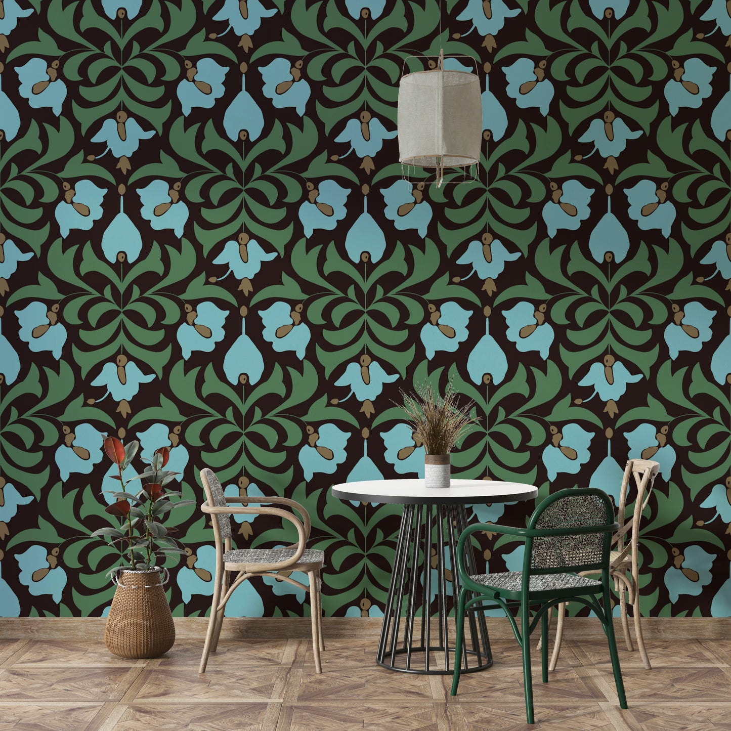 A serene and elegant floral wallpaper pattern.
