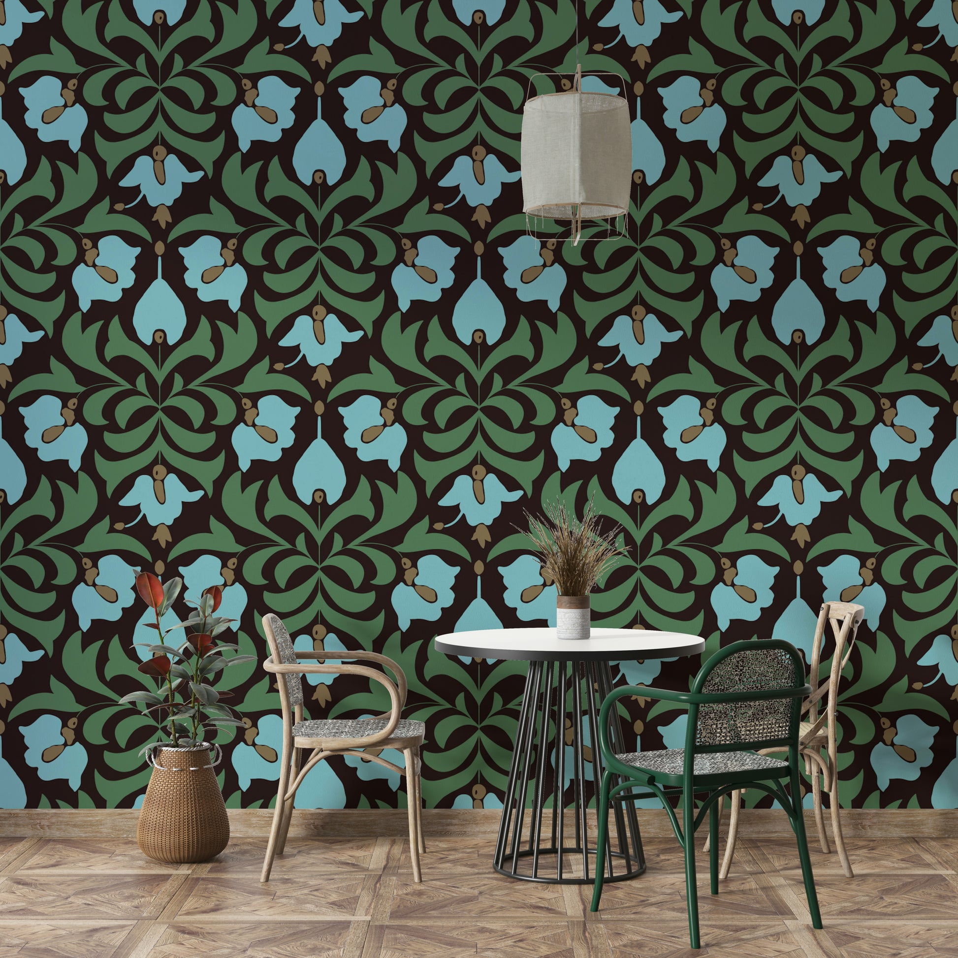 A serene and elegant floral wallpaper pattern.

