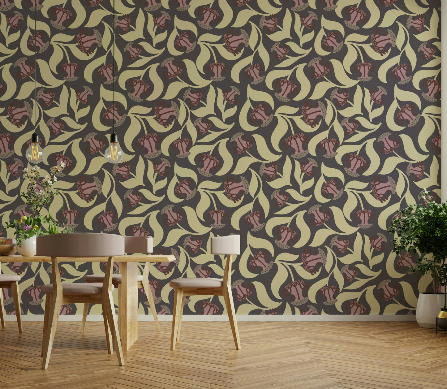 A dynamic and modern vintage floral wallpaper pattern.
