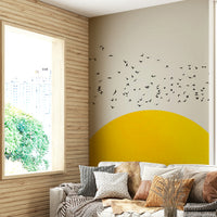 Features a large flock of birds in motion, possibly silhouetted or with detailed forms.
