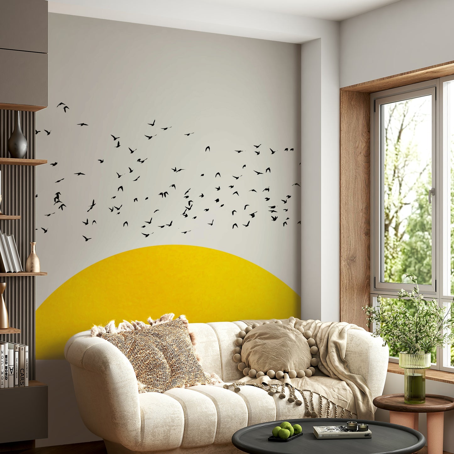 The design captures the collective energy and freedom of the flock.
