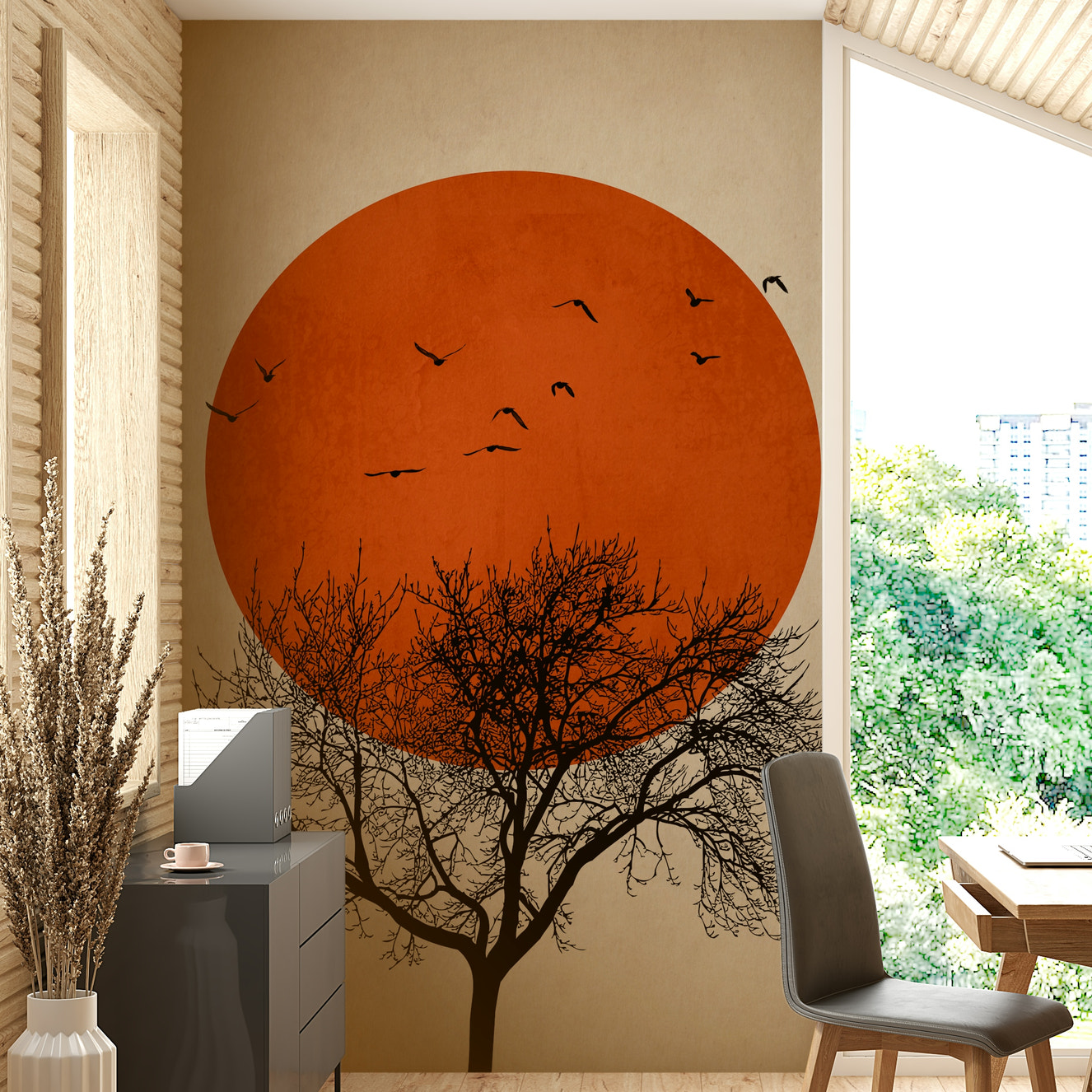 A serene and whimsical wall mural.
