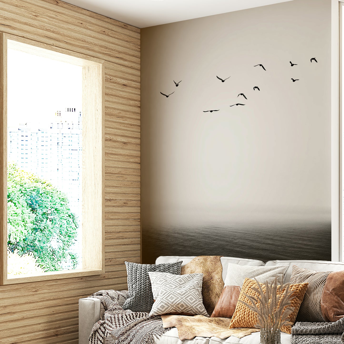 The design may include elements like soaring birds, running animals, or fluid, dynamic shapes.
