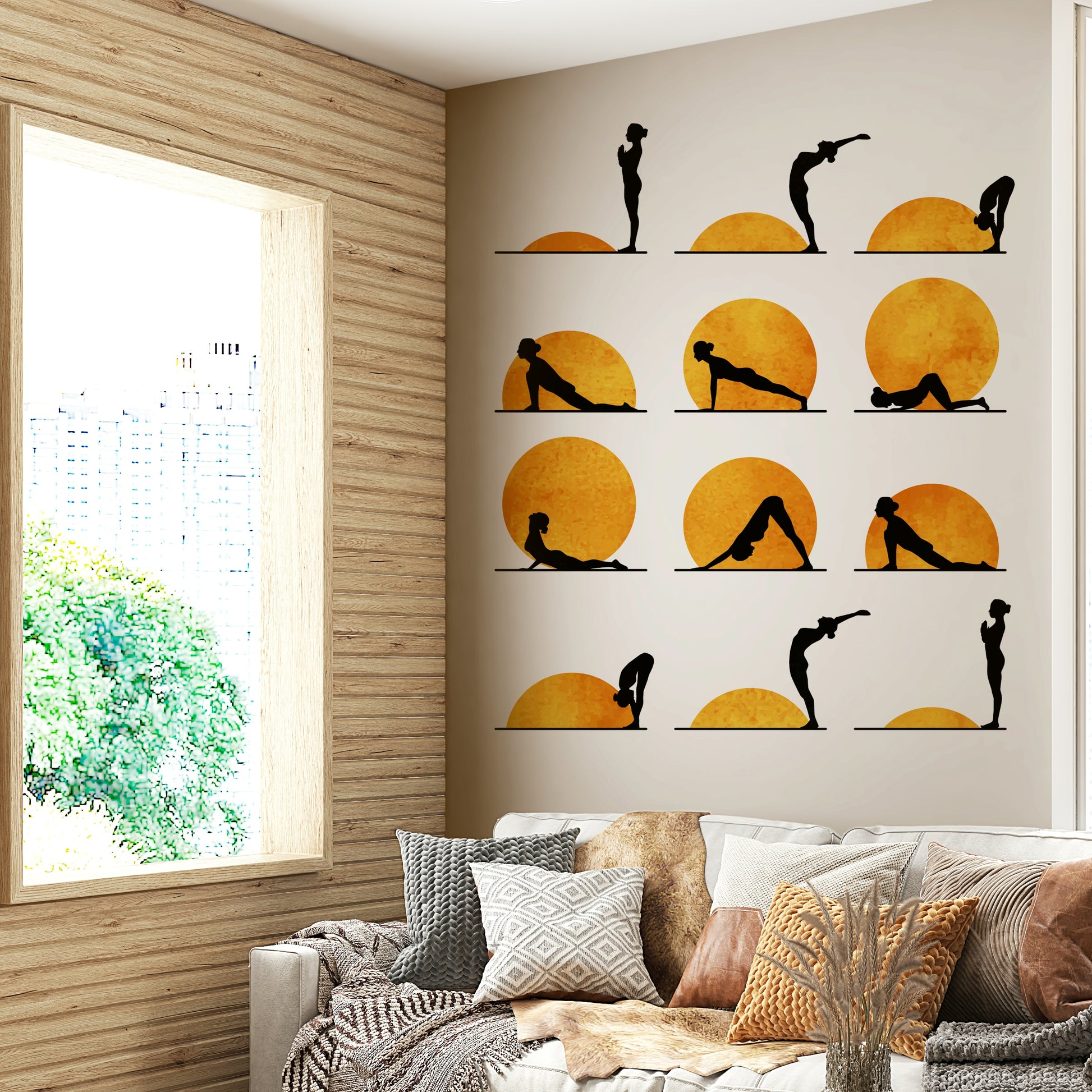 The design blends elements of nature, yoga, and modern art.
