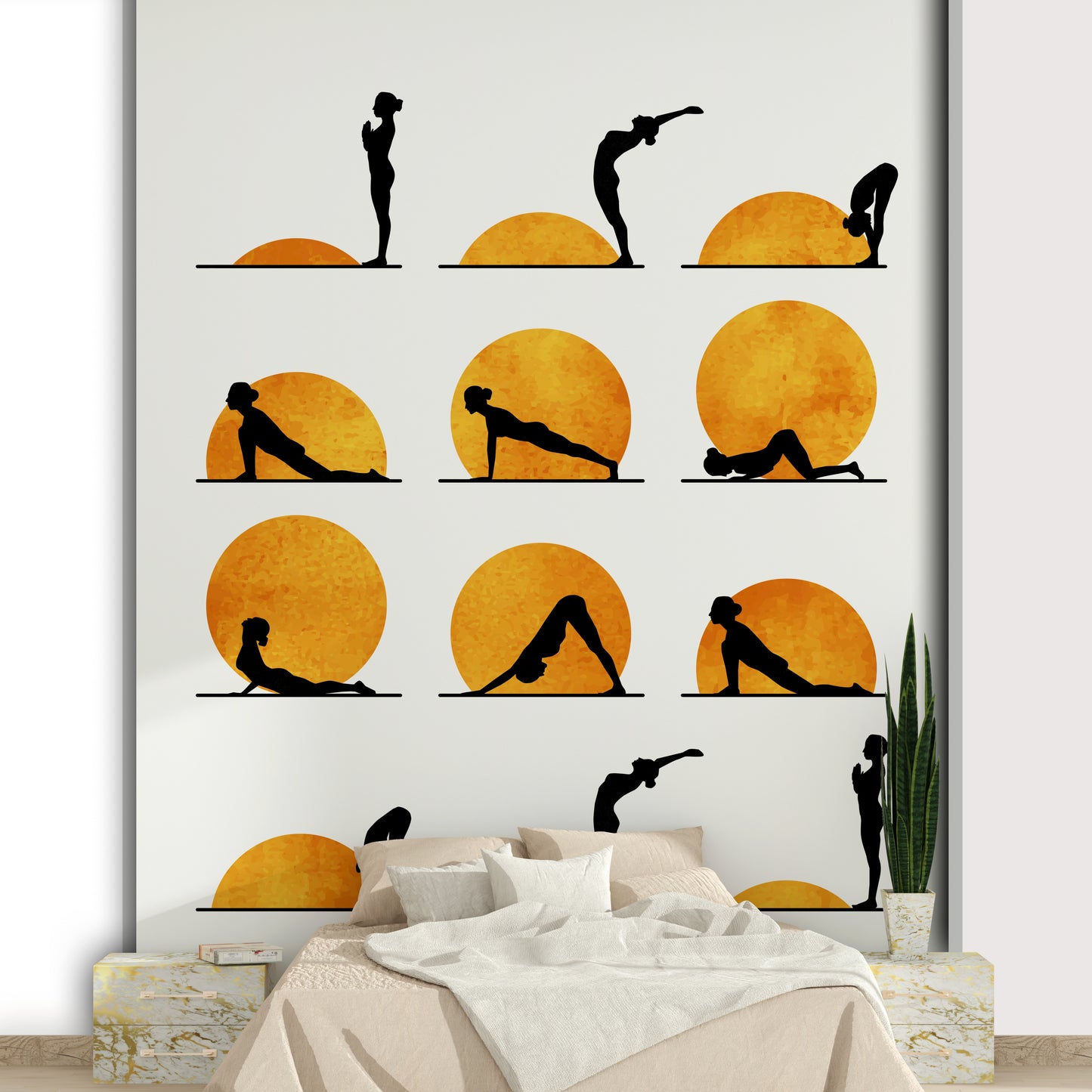 Features a stylized sun depicted in a yoga pose.
