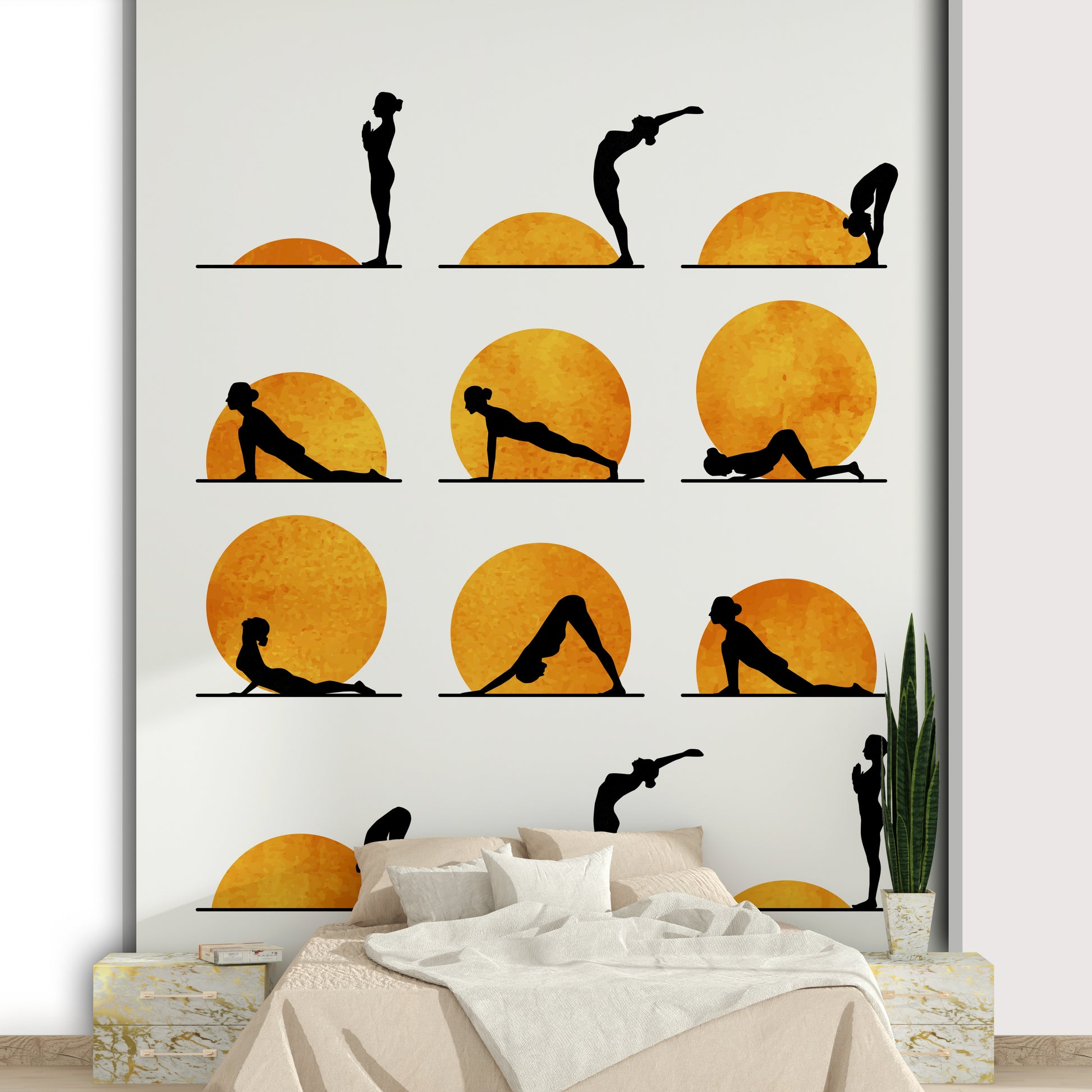 Features a stylized sun depicted in a yoga pose.
