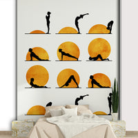 Features a stylized sun depicted in a yoga pose.
