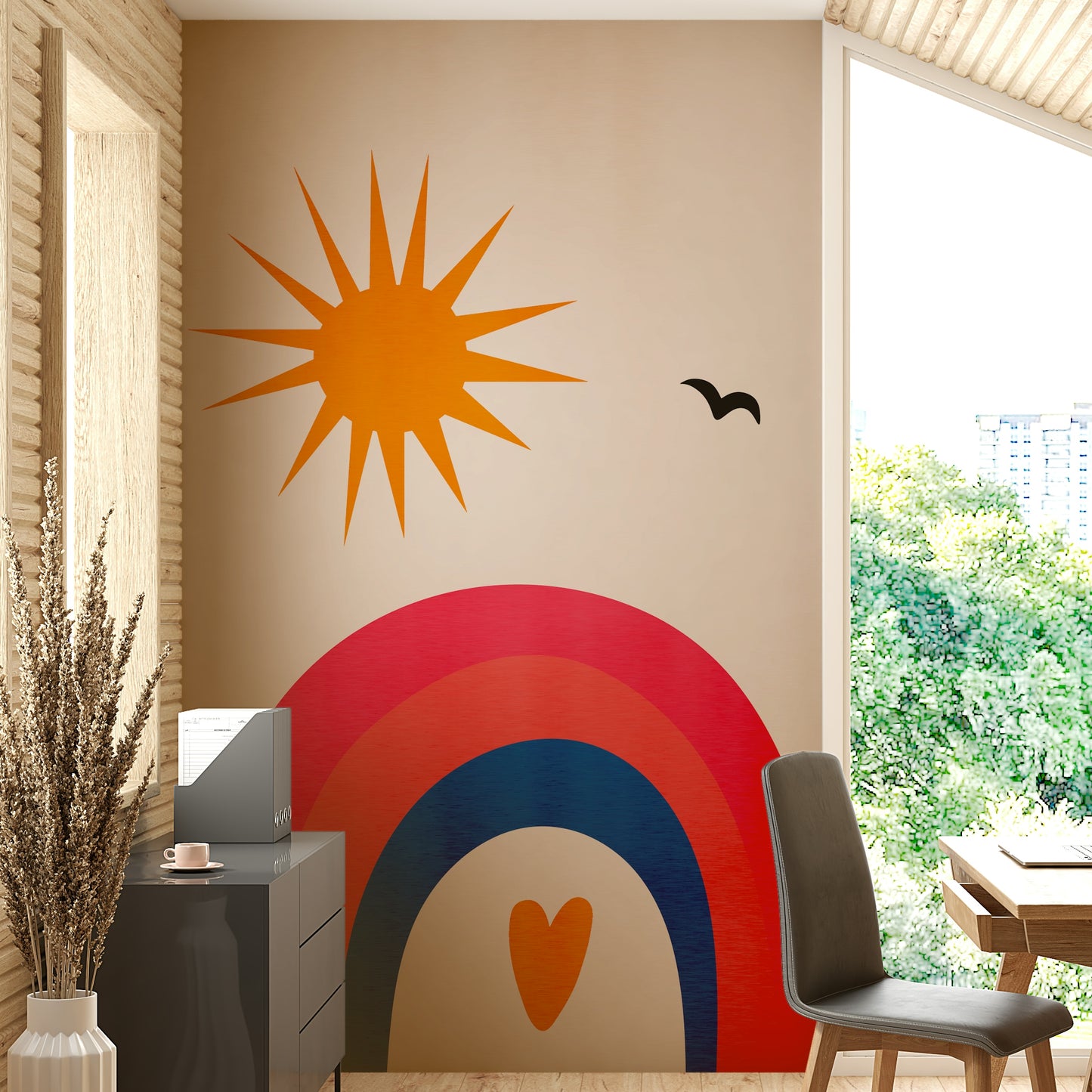The design may include playful motifs, such as suns, rainbows, flowers, or abstract happy shapes.
