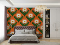 The color palette includes cheerful colors set against an orange background.
