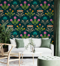 The color palette includes rainbow brights set against a dark green background.
