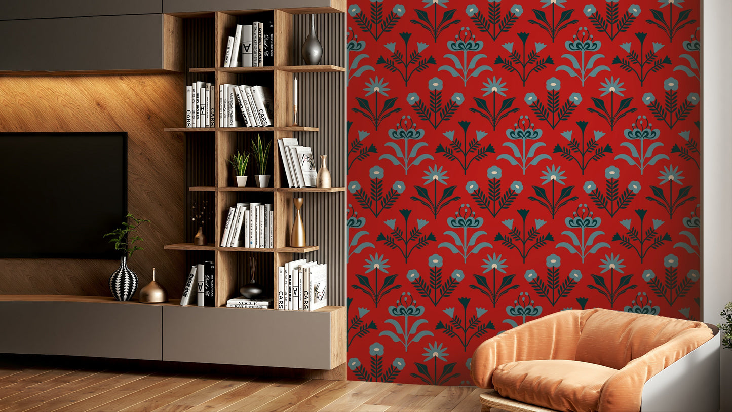 The color palette includes blue, navy, indigo, white, and dark red.
