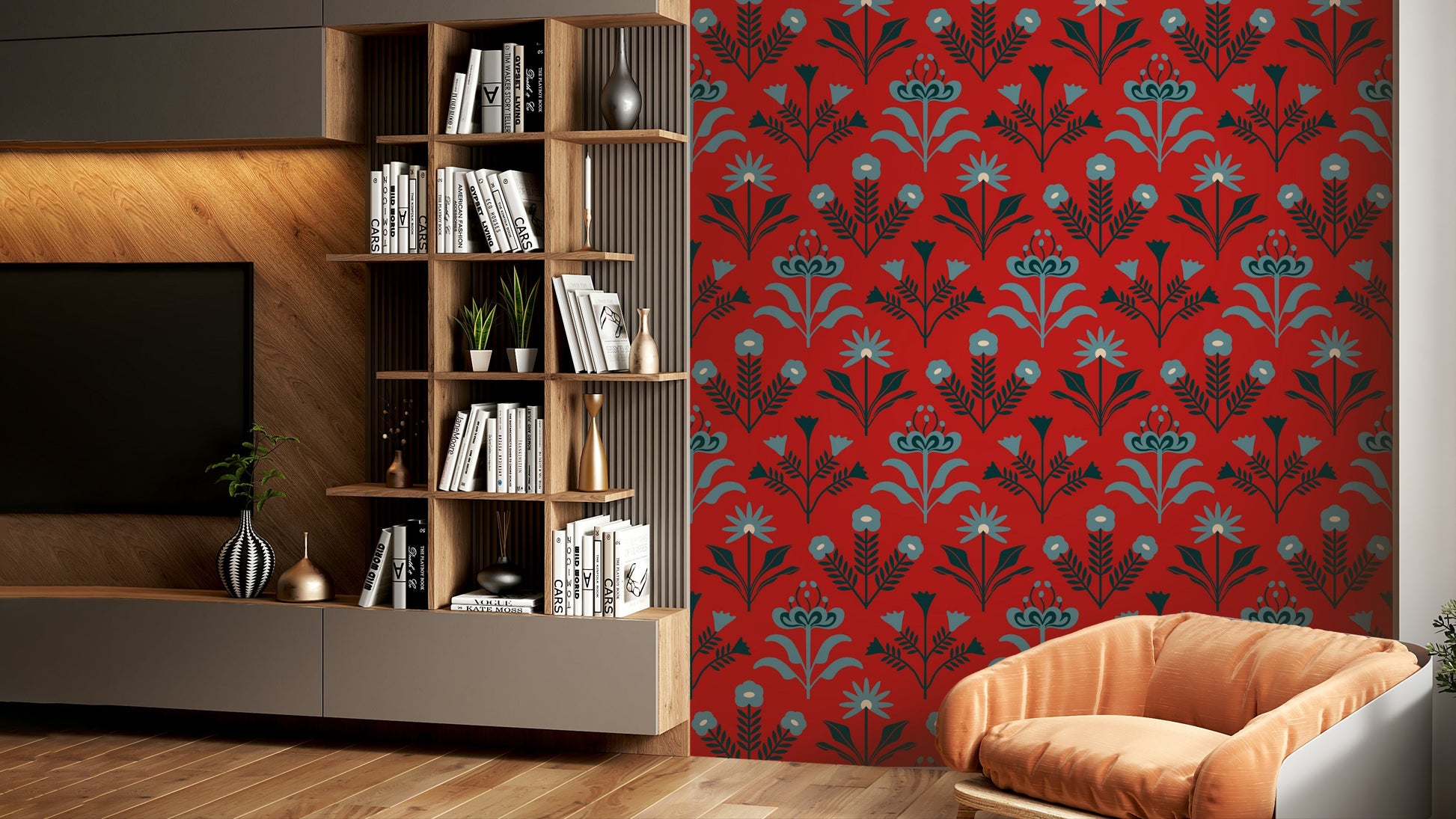 The color palette includes blue, navy, indigo, white, and dark red.
