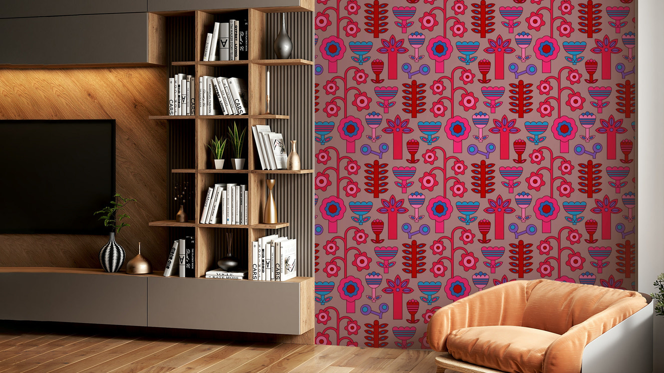 The color palette is composed of lively cherry red and pink tones, possibly with complementary colors.
