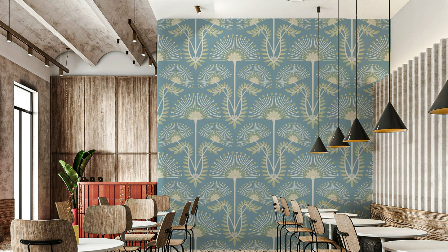 The color palette includes sage green, white, and light blue.
