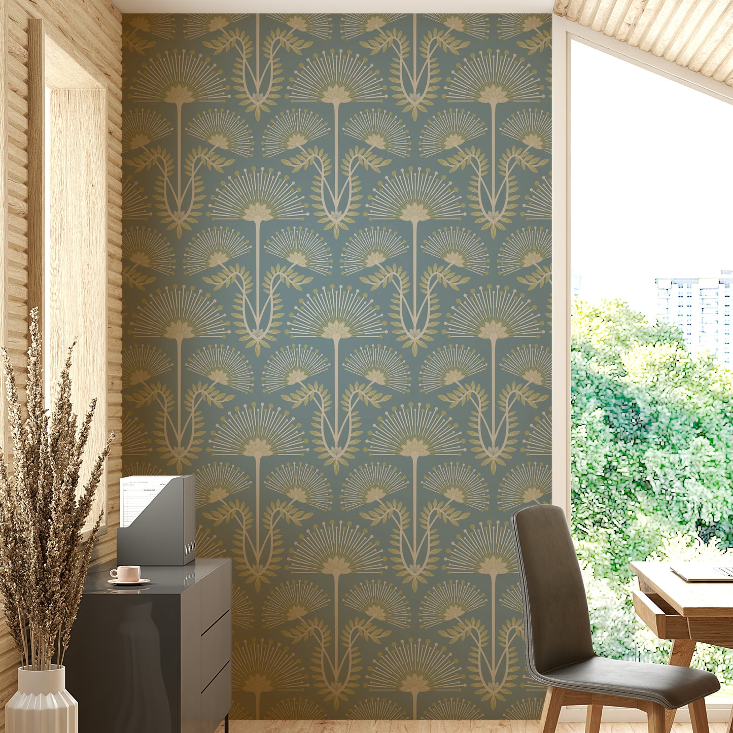 Features a damask style with Art Deco floral motifs.

