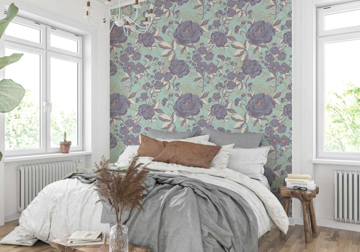 Floral wallpaper for a serene living room.

