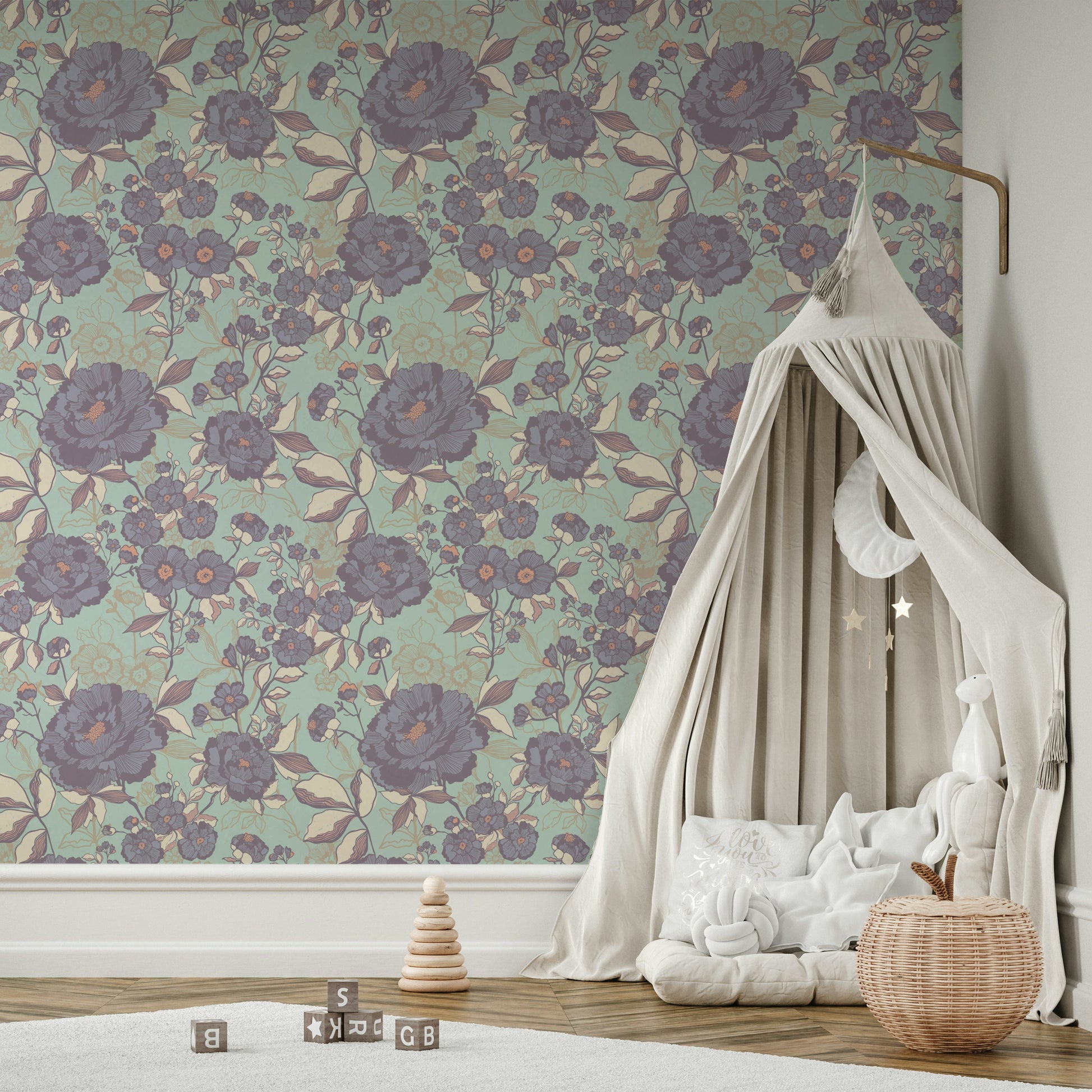 Design featuring botanical and insect motifs in an etched style.

