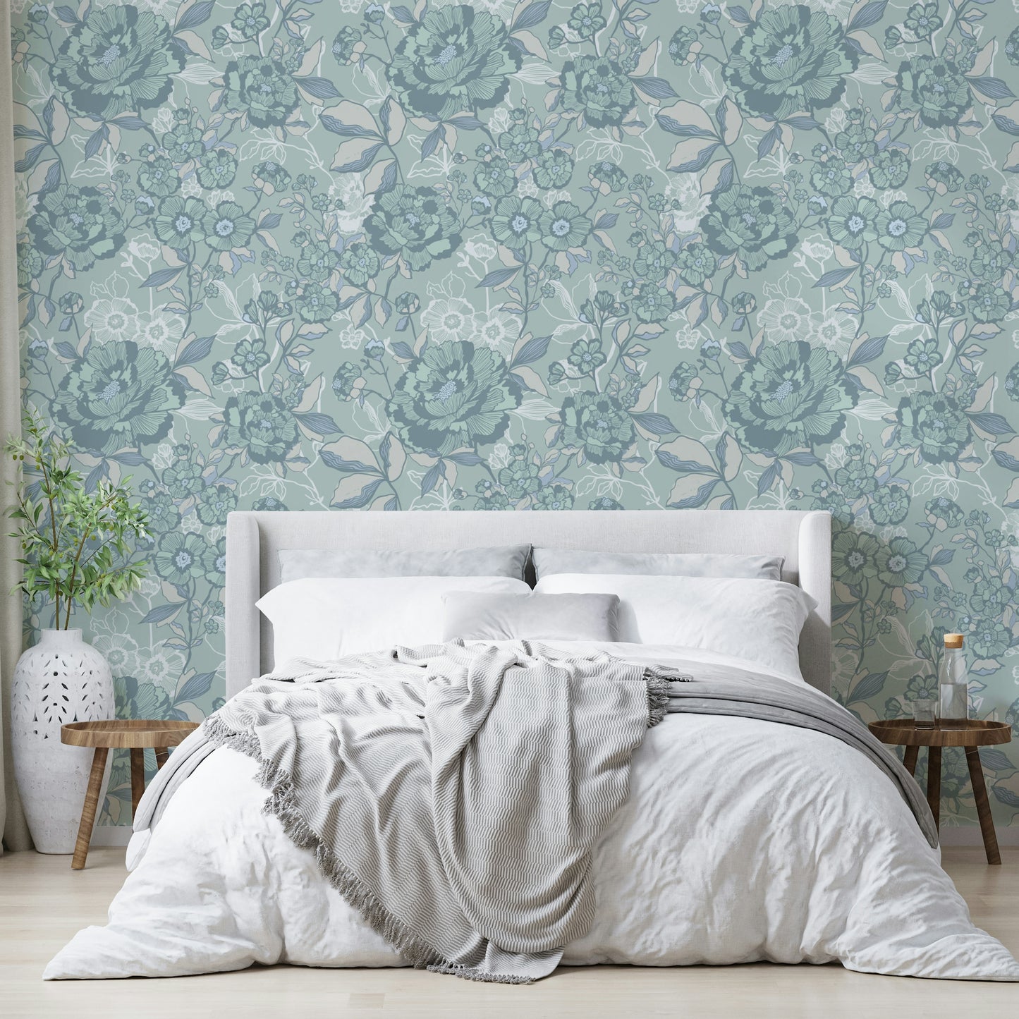 Design with a repeating pattern of hand-drawn flowers.

