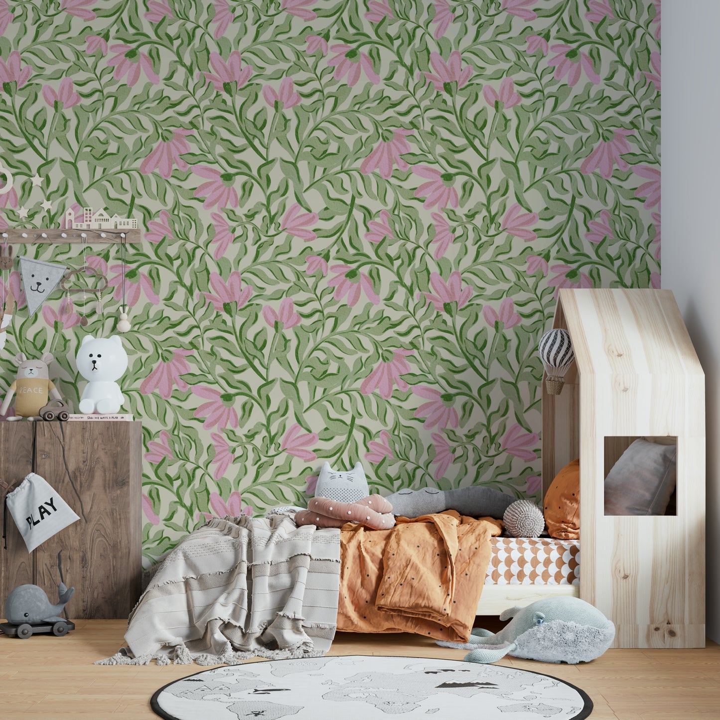 Design featuring flowers in muted pink, brown, blue, and green colors.

