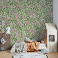 Design featuring flowers in muted pink, brown, blue, and green colors.

