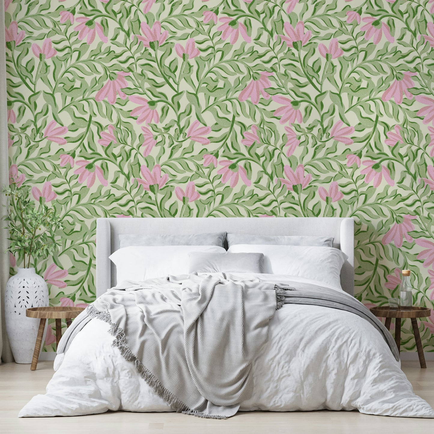 Wallpaper with a mix of different floral shapes and sizes.

