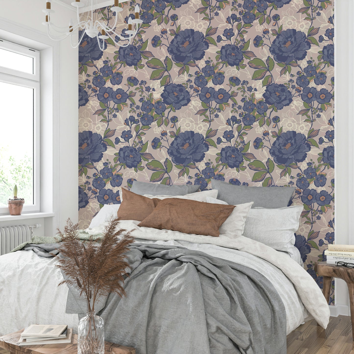 Wallpaper with a mix of different floral shapes and sizes.

