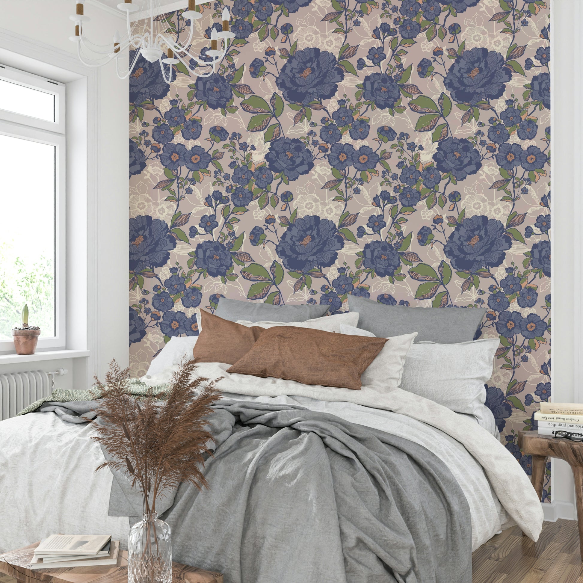 Wallpaper with a mix of different floral shapes and sizes.


