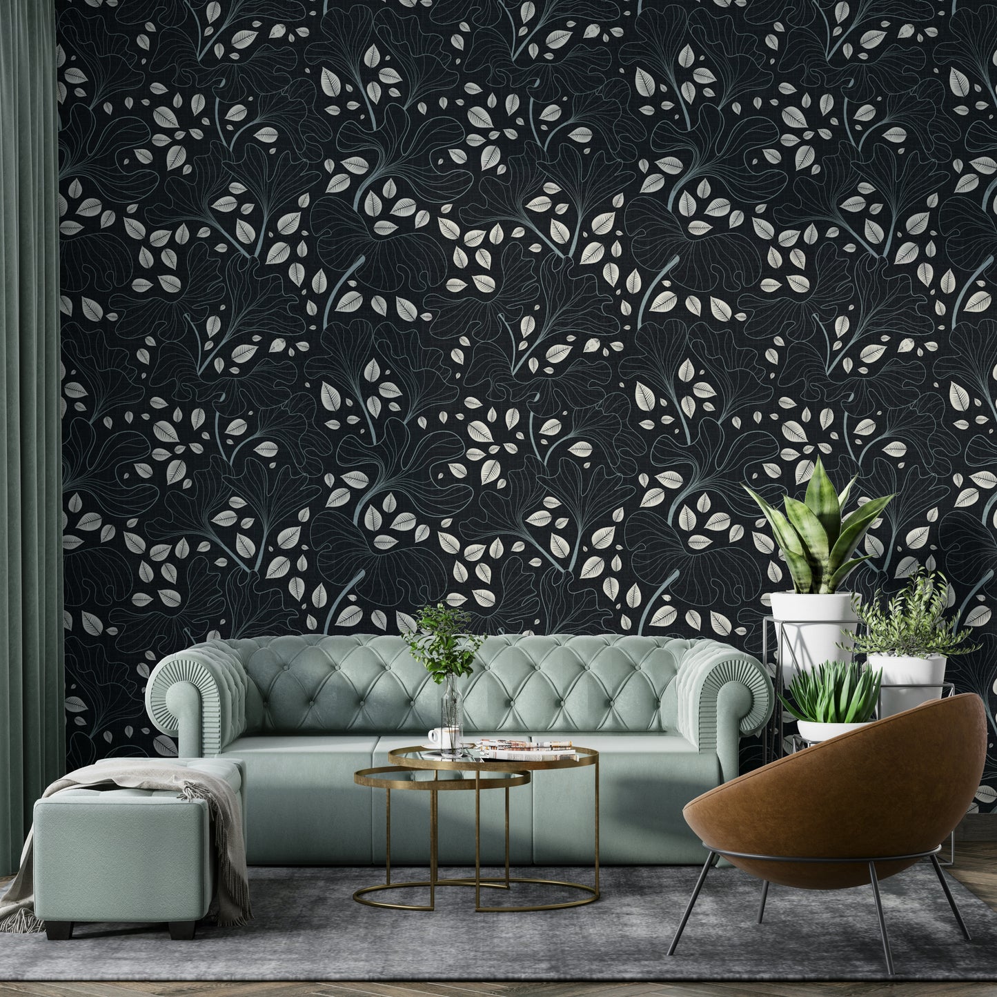 Timeless Ginkgo Garden Navy and White Wallpaper.

