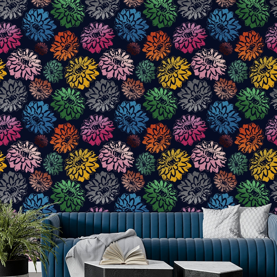 Design with a dark background and colorful flowers.

