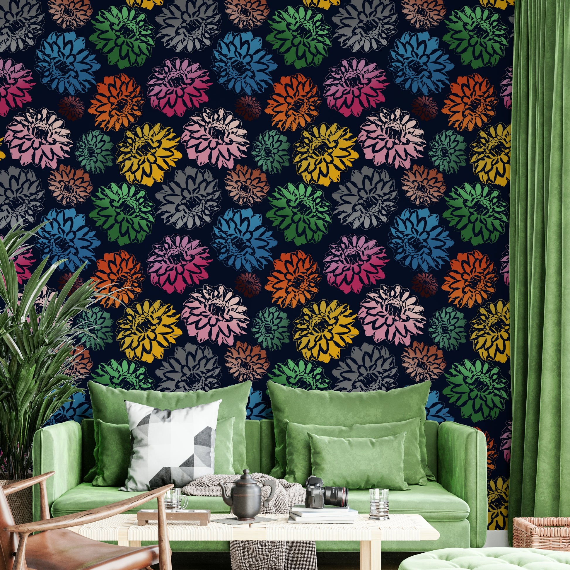 Wallpaper with a mix of pink, blue, green, and yellow floral motifs.

