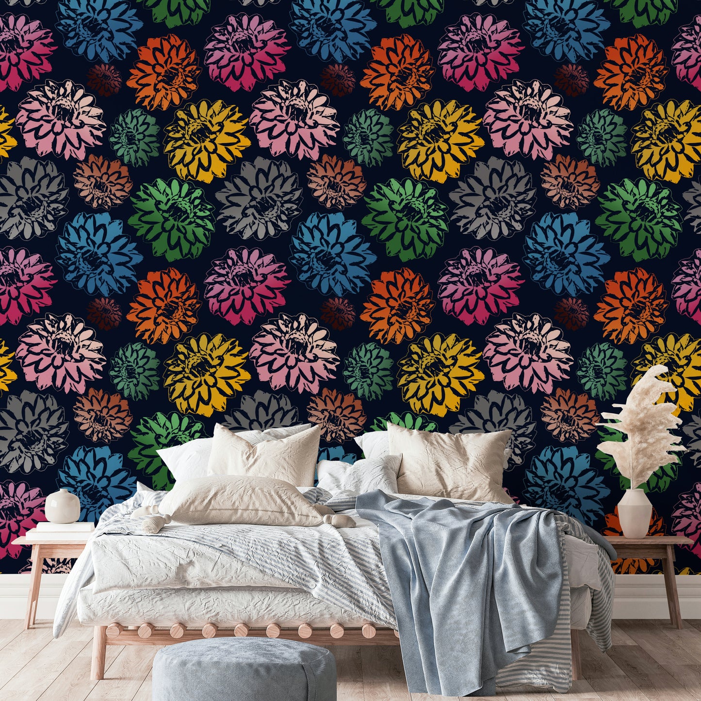 Design featuring dahlias in multiple colors on a navy blue background.

