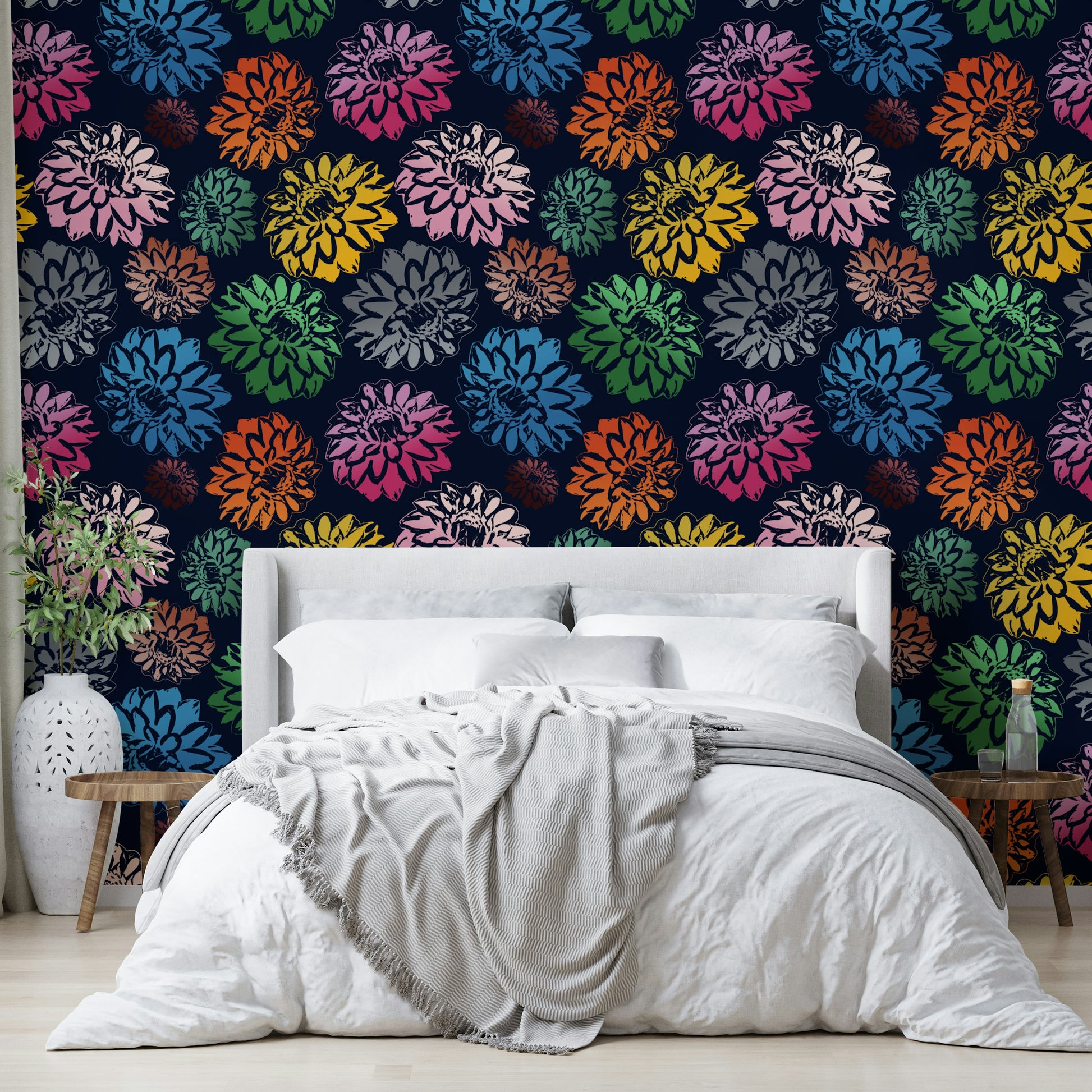 Seamless pattern of stylized dahlia flowers.


