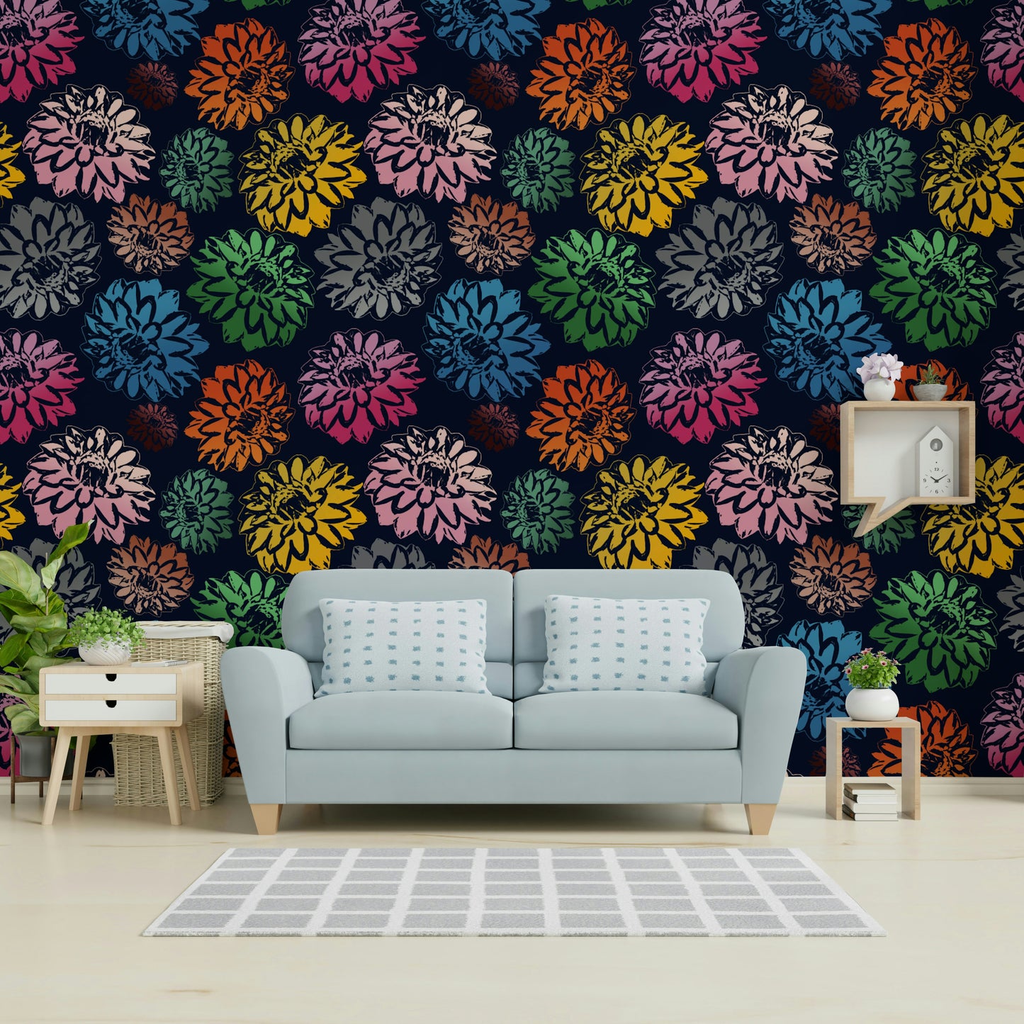 Dahlias wallpaper for a modern living room.

