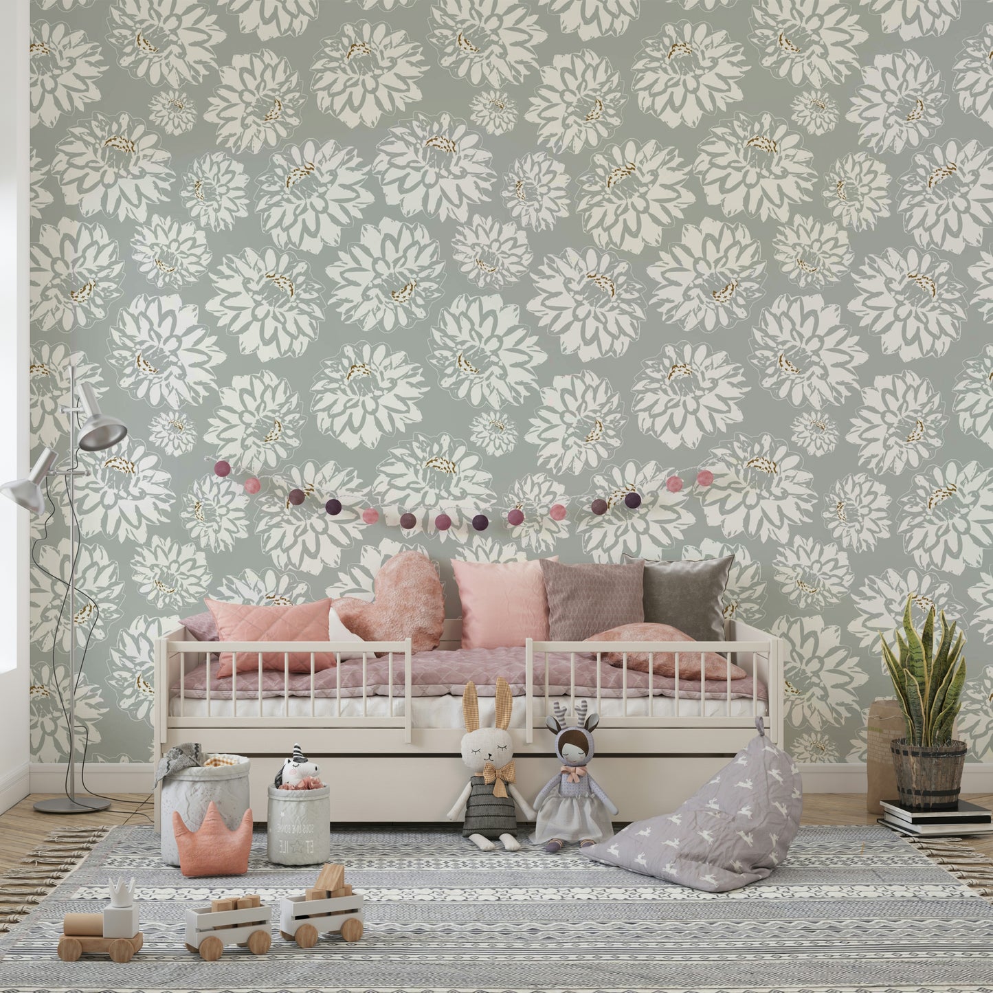 Wallpaper with a mix of blue and white floral motifs.

