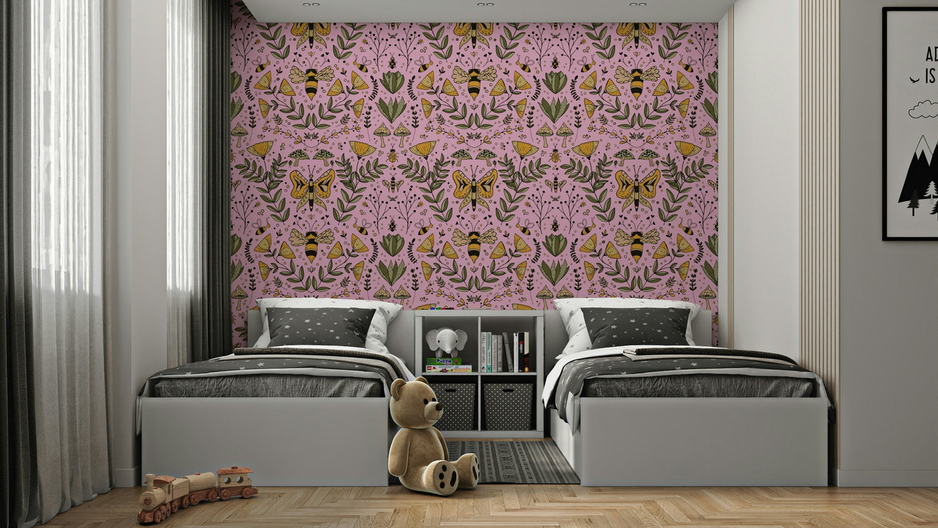 Bees Butterflies and Flowers wallpaper for a child's room.

