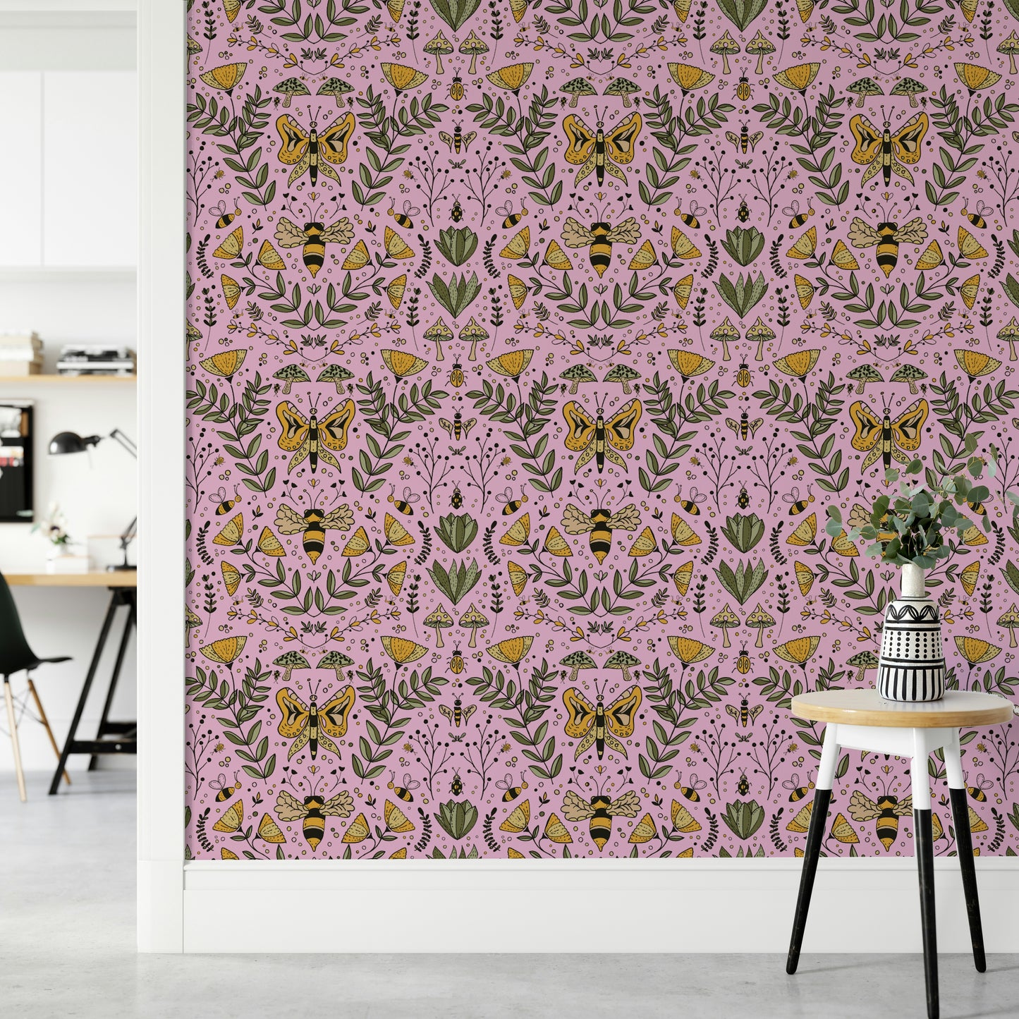 Design featuring hand-drawn insects and mushrooms on a pink background.

