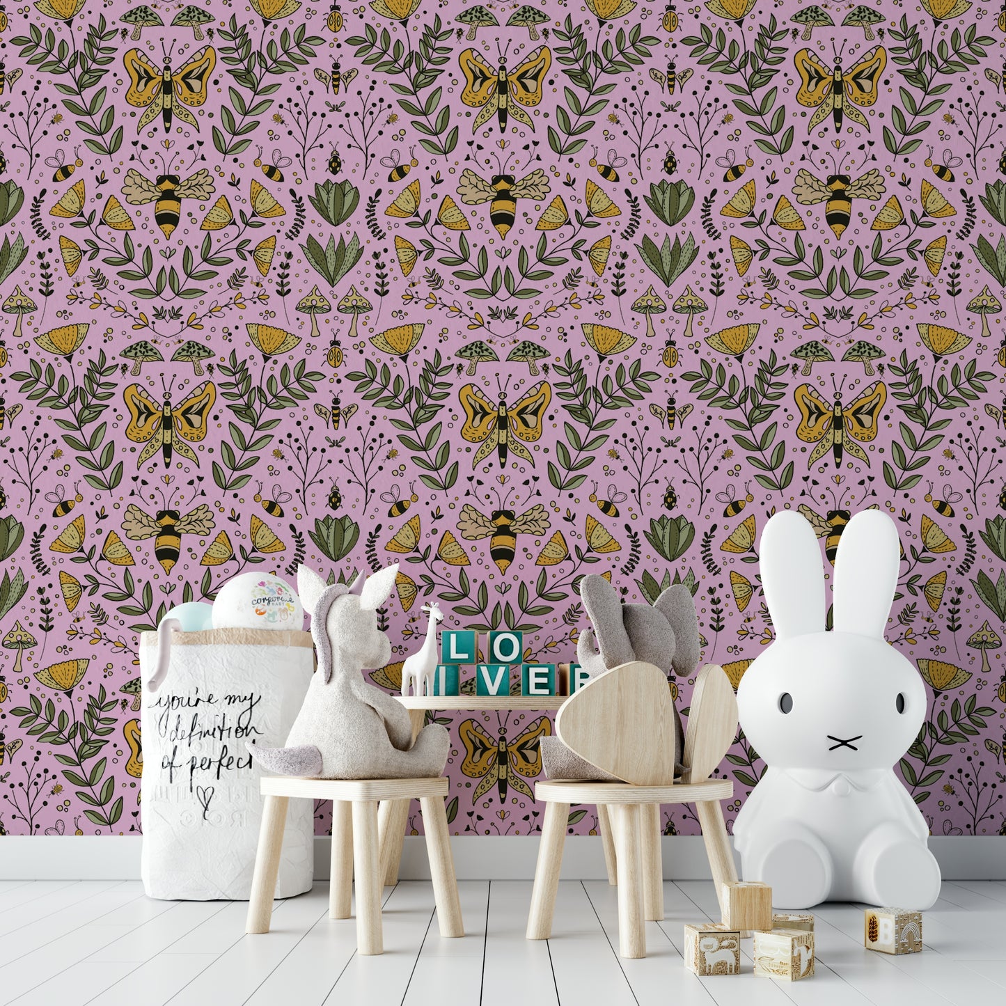 Bees Butterflies and Flowers mural for an accent wall.

