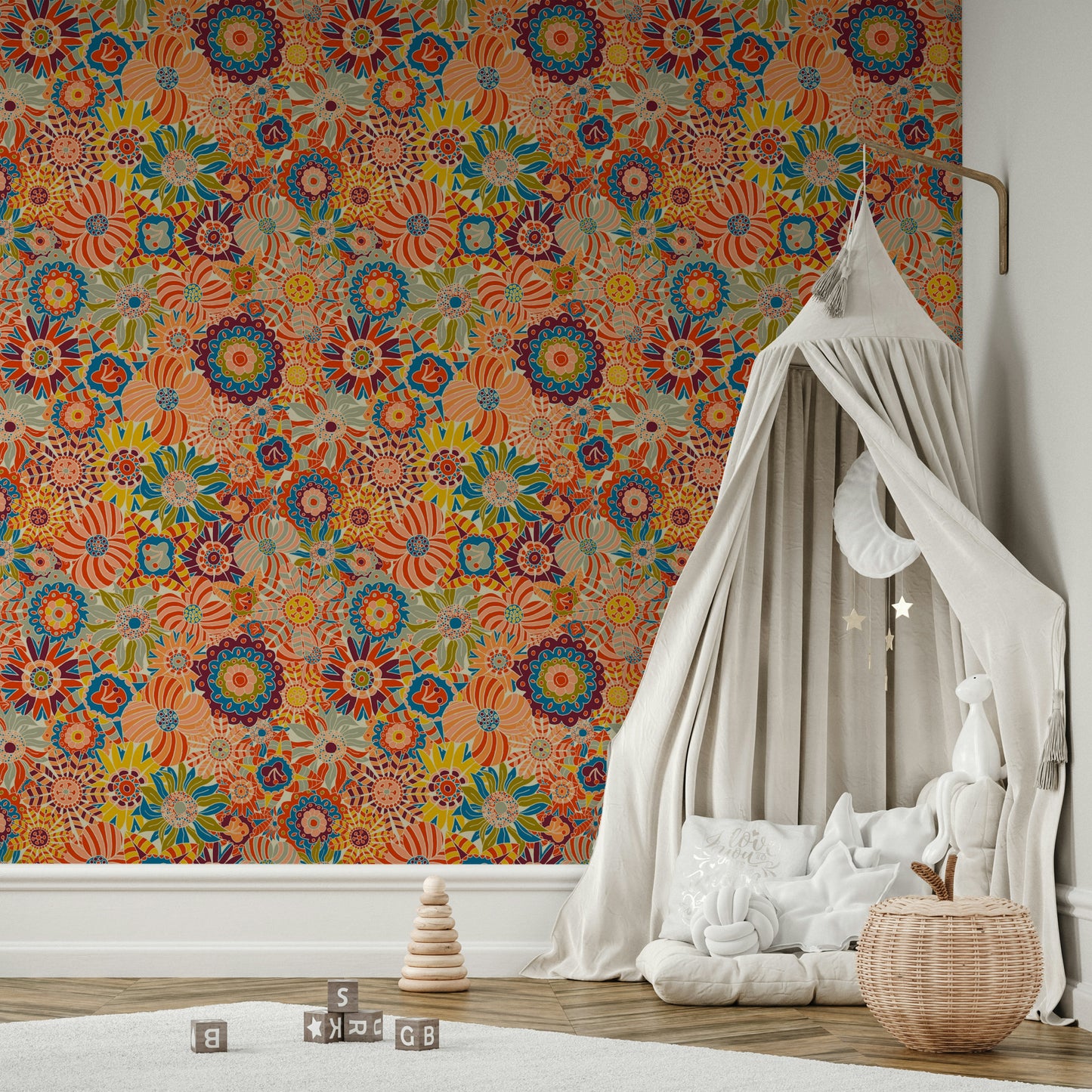 Full view of the wallpaper on a wall.

