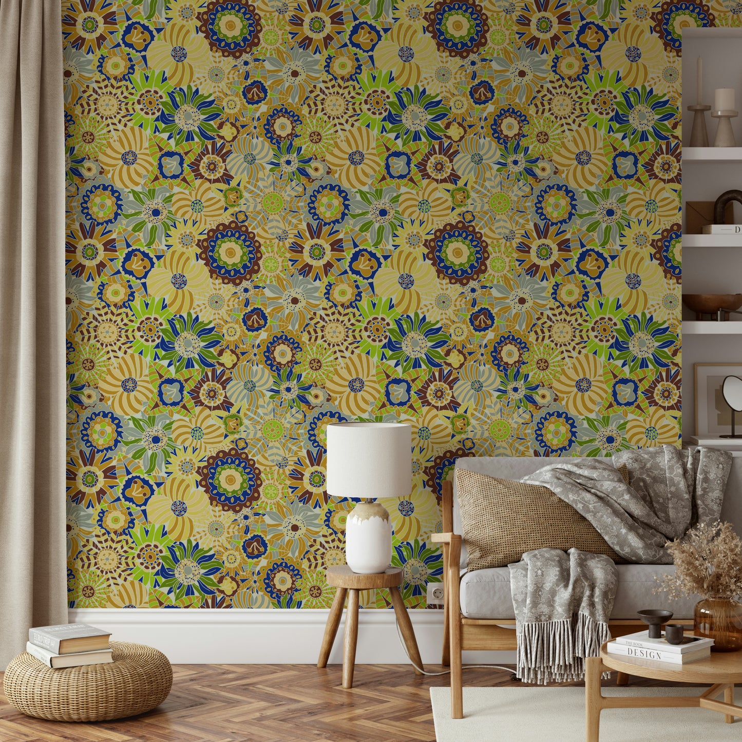 Scandi Round Flowers wallpaper for a modern living room.


