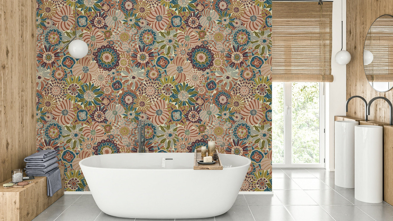 Wallpaper with a mix of geometric and organic shapes.

