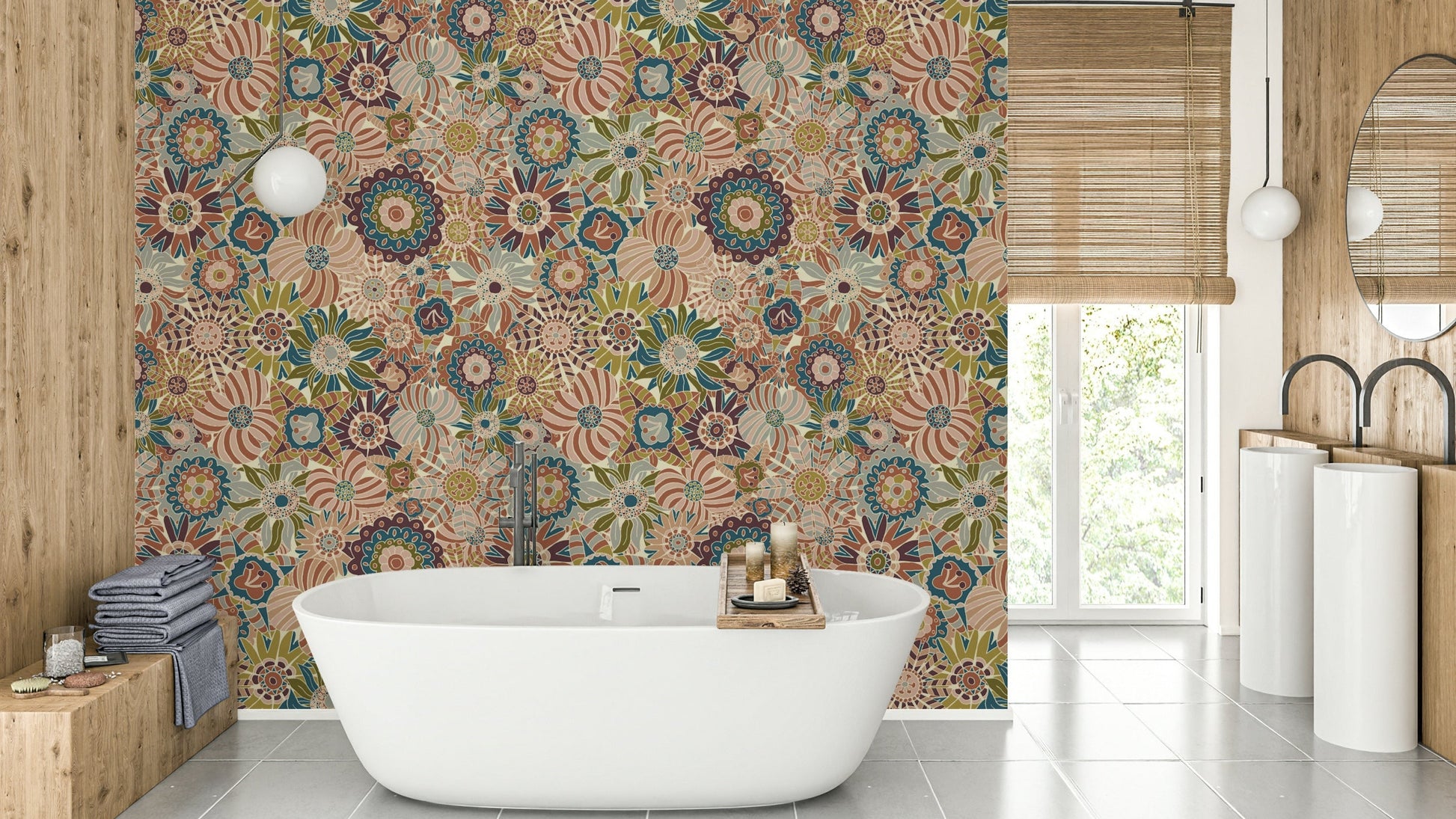 Wallpaper with a mix of geometric and organic shapes.

