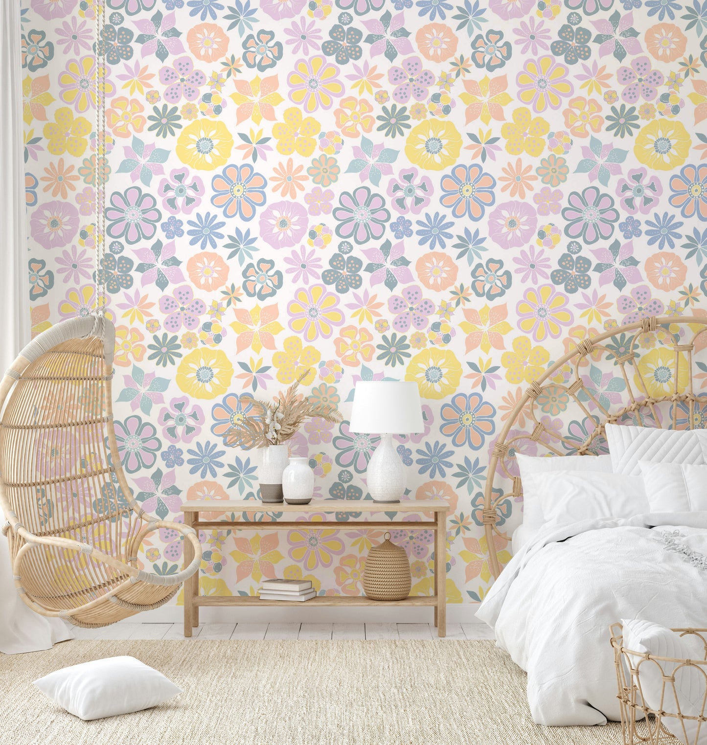 Design featuring whimsical flowers in yellow, light blue, and light purple.

