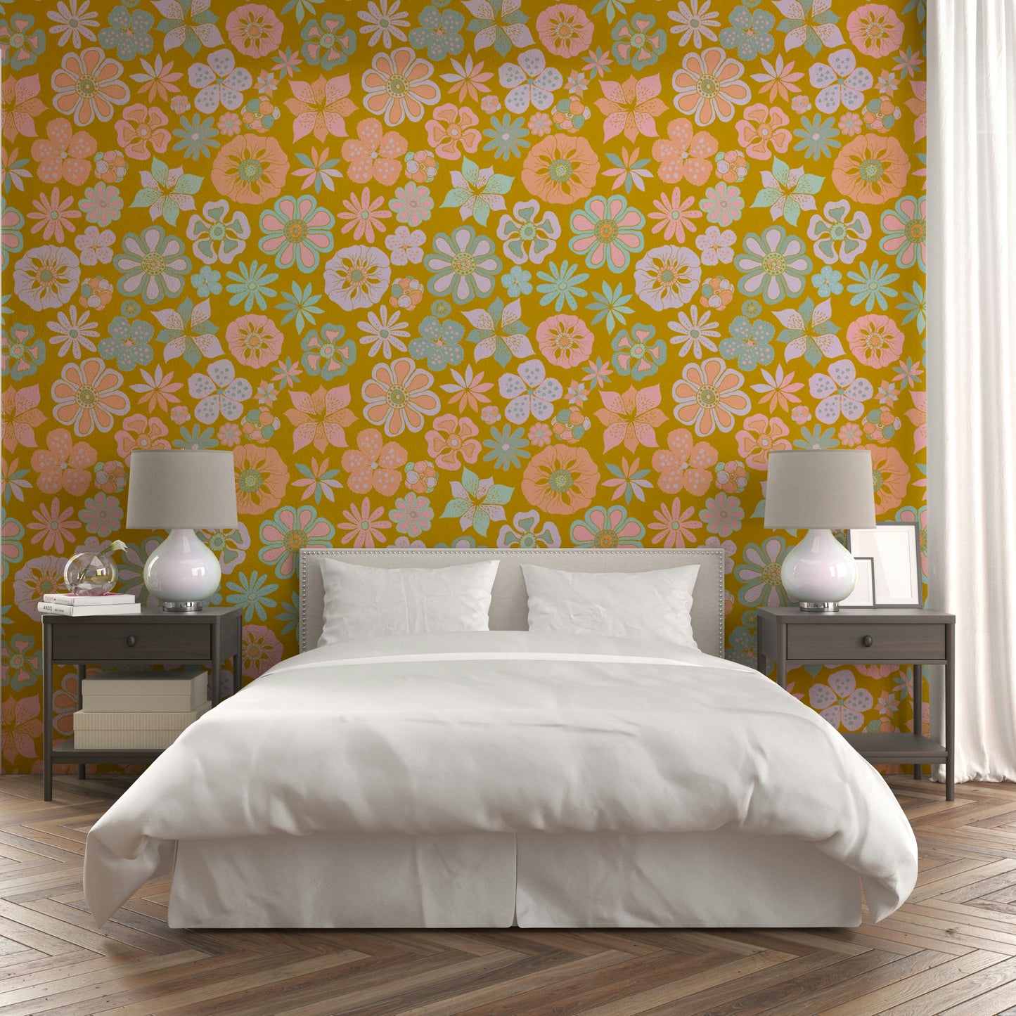 Hand Drawn Garden Flowers Golden Wallpaper.

