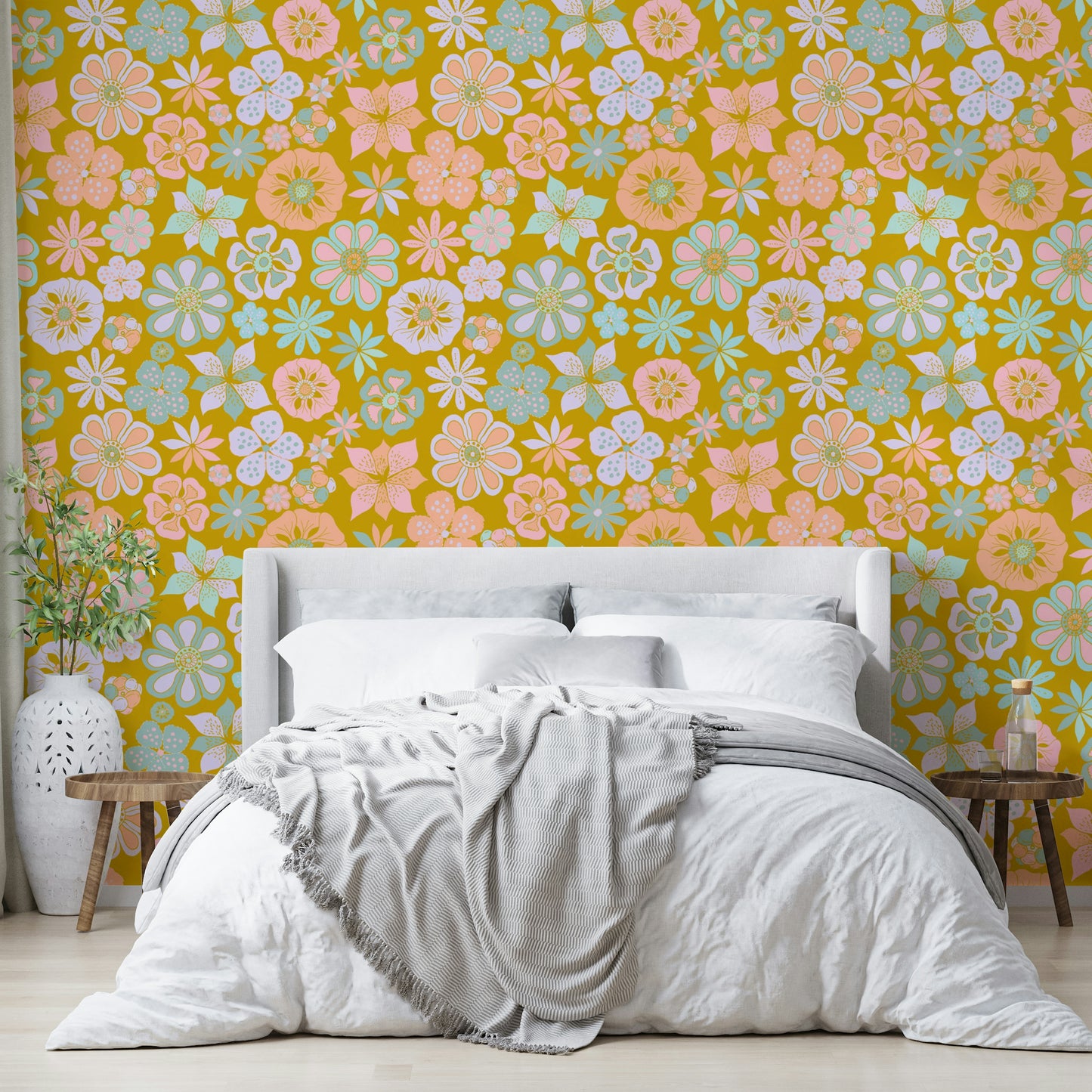 Wallpaper with various floral shapes and sizes.

