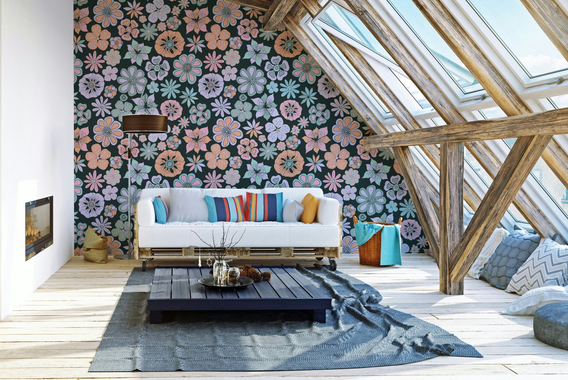 Hand Drawn Garden Flowers wallpaper for a modern bedroom.

