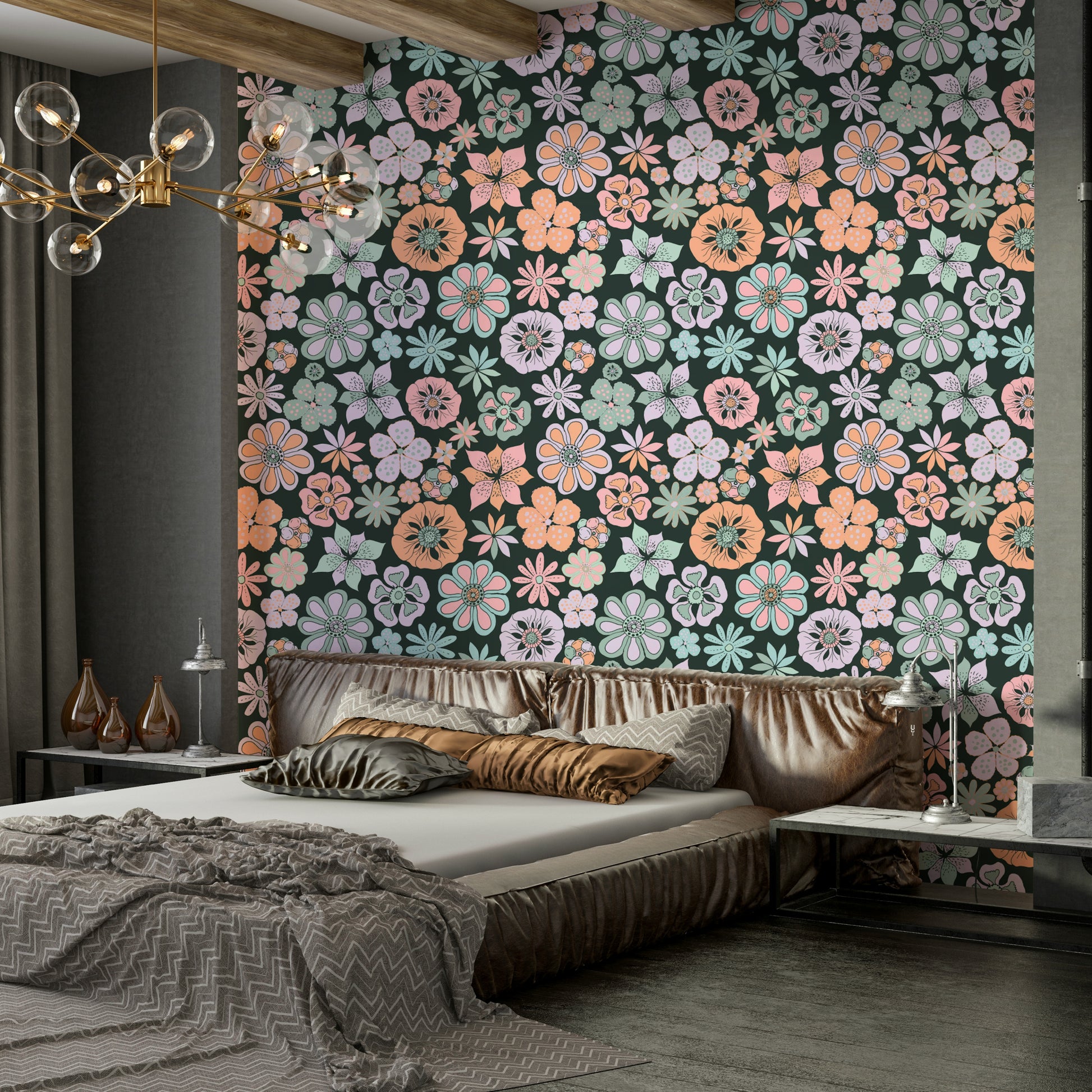 Design featuring whimsical flowers in peach, light purple, and mint green.

